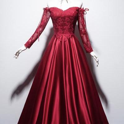 Burgundy lace long sleeve prom dress evening dress