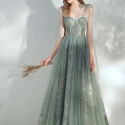 Green A -line tulle lace tea length prom dress green evening dress