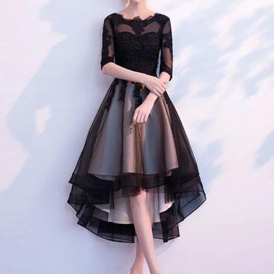 Black tulle lace short prom dress
