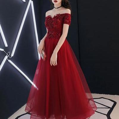 Burgundy tulle lace prom dress
