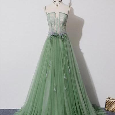 Green tulle lace long prom dress green tulle evening dres