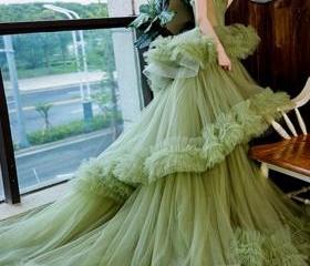 Boho Long Chiffon Gown with Ruffles Olive Green