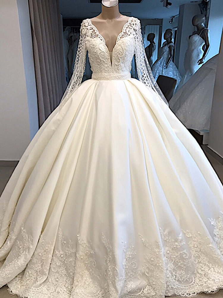  A Line Wedding Dress Ivory Satin Skirt Full Sleeve Bling Bling Plearls Bridal Dress