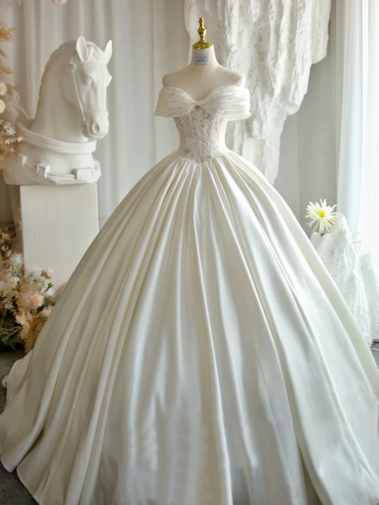 Princess 2021 one-shoulder lace applique satin wedding dress prom dress illusion bride custom
