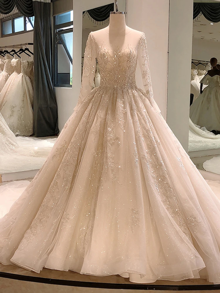  vintage elegant long sleeve beaded sequin sexy backless luxury royal celebrity robe wedding dresses