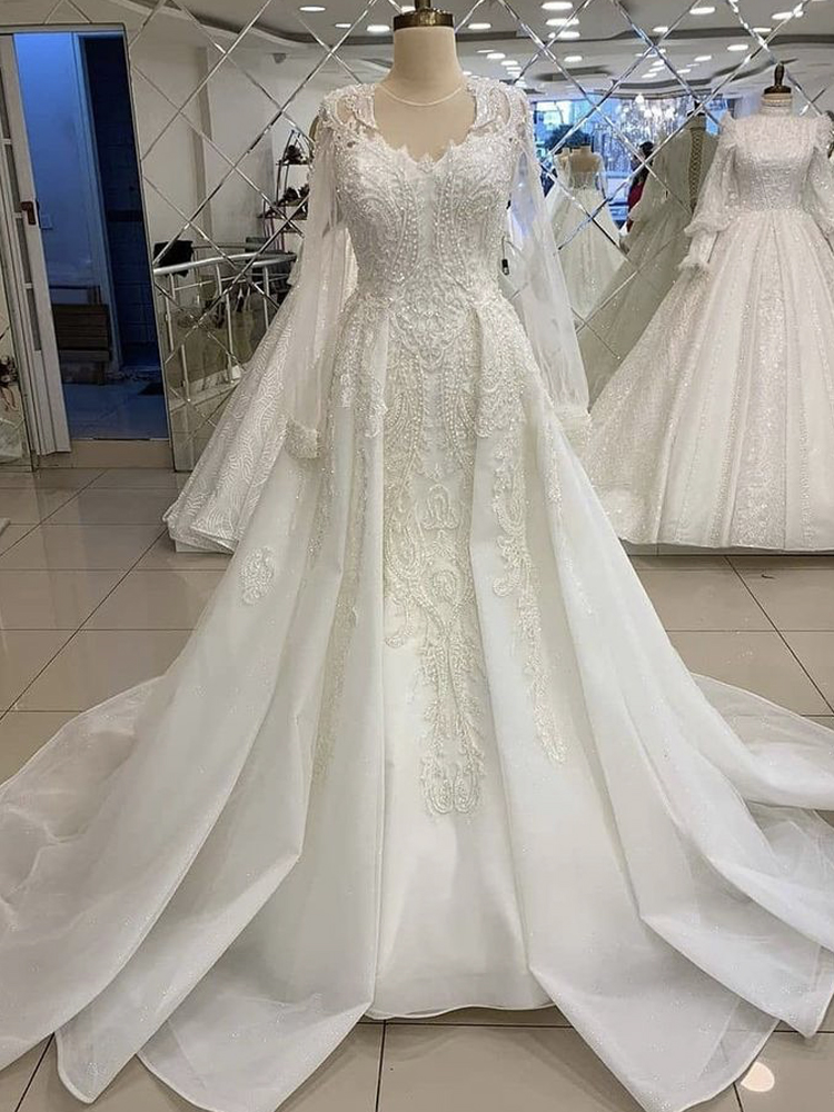 V-neck lace mermaid bridal applique wedding dress detachable train
