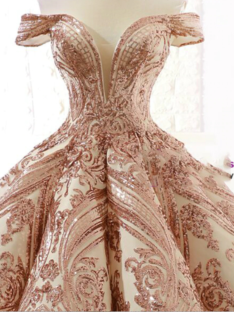 Champagne Gold Sequins Ball Gown Off The Shoulder Prom Dress on Luulla