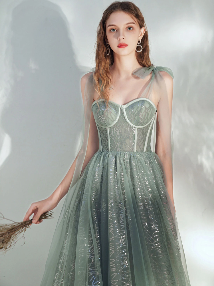 Green A -line Tulle Lace Tea Length Prom Dress Green Evening Dress on ...