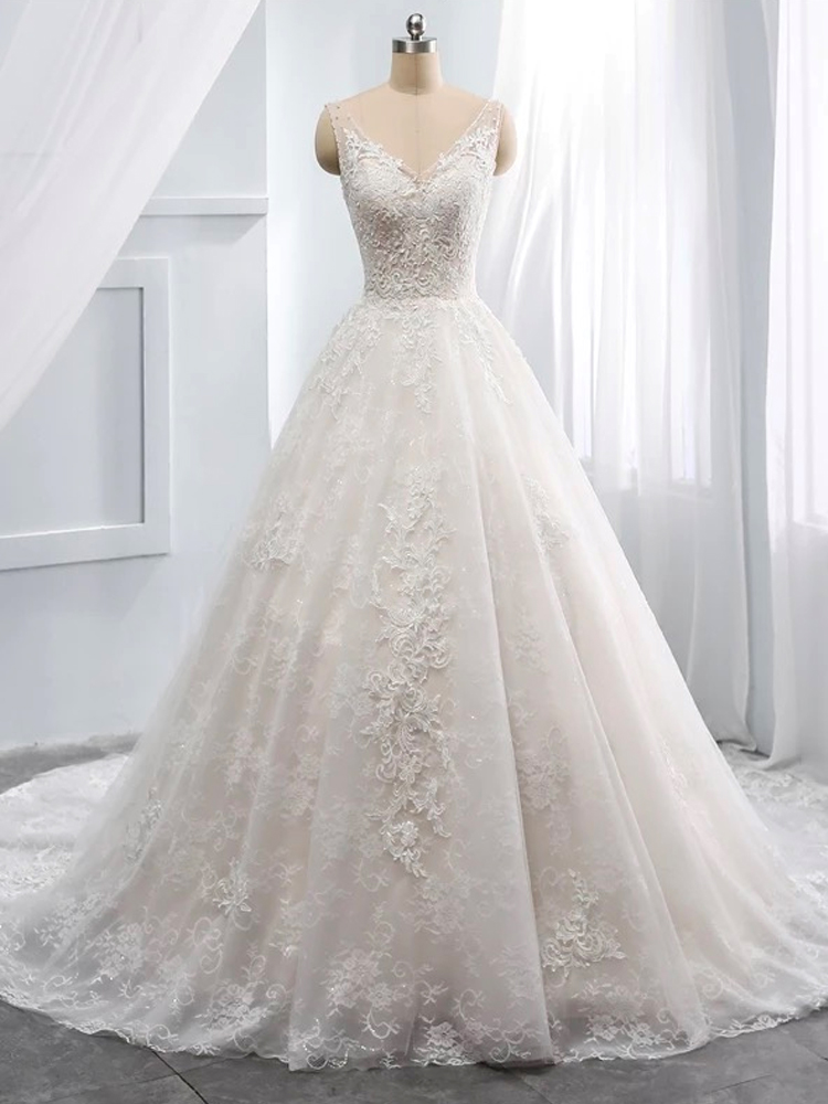 A-line Vestido De Noiva Lace Applique Wedding Dress Sexy V Neck Wedding ...
