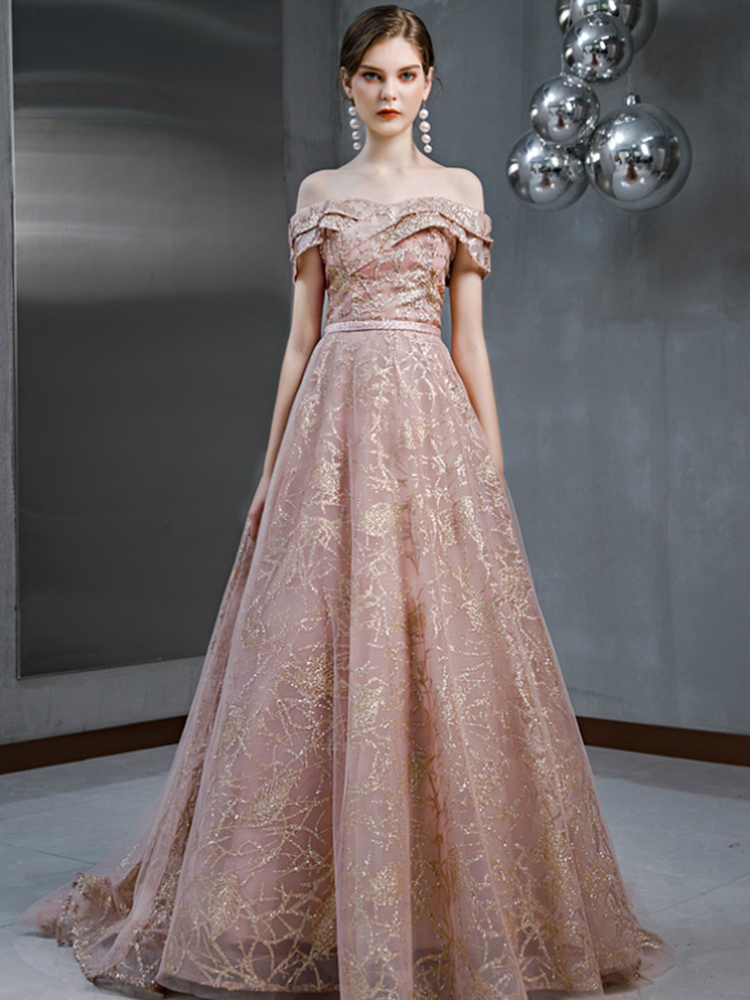 Fairy A Line Blush Pink Tulle Off-the-Shoulder Prom Gown with Appliques