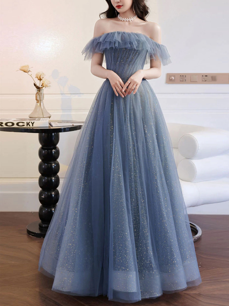 Gray Blue Tulle Long Prom Dress Gray Blue Tulle Formal Dress on Luulla