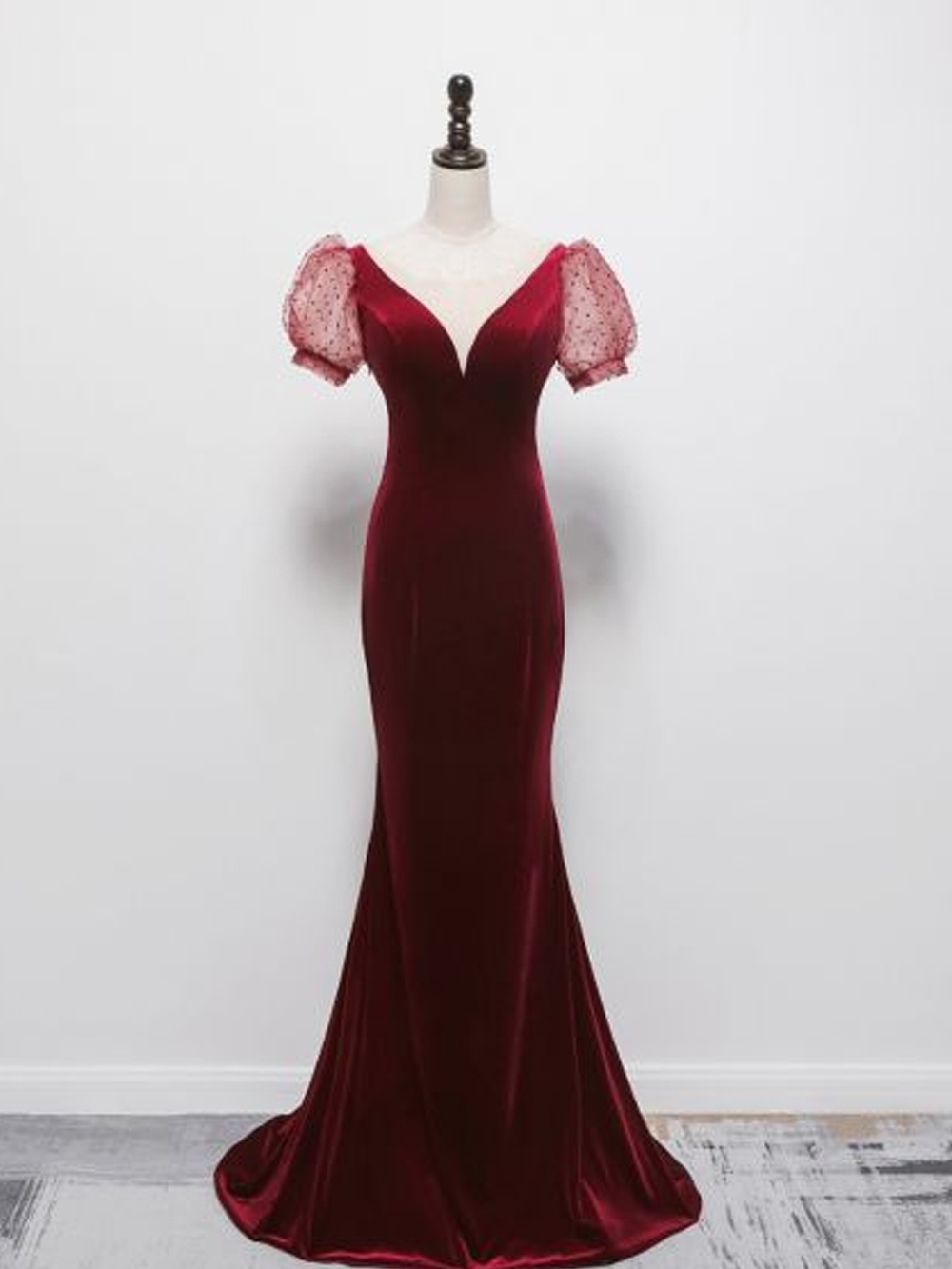 Sexy Burgundy Velour See-through Evening Dresses