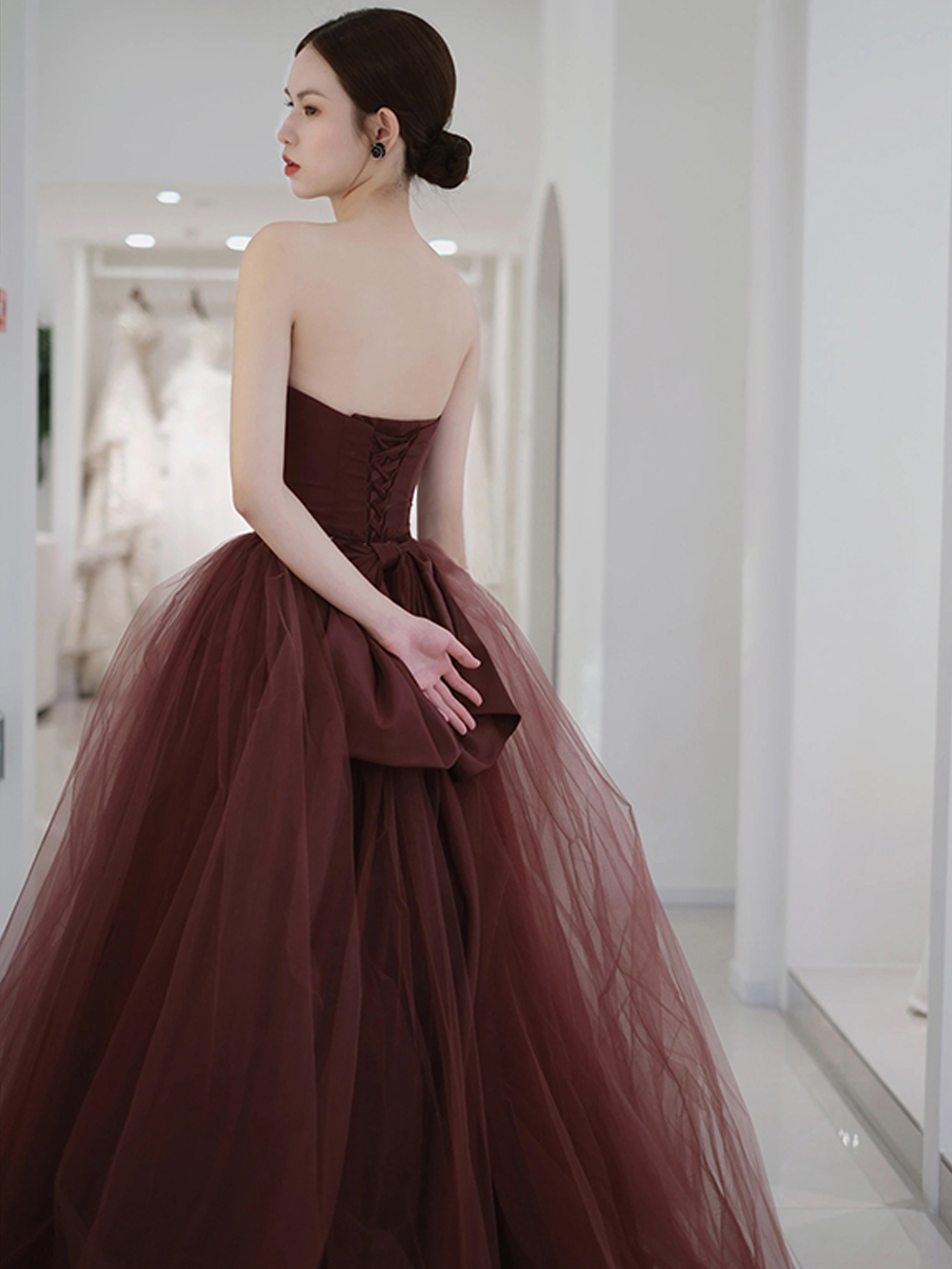Burgundy Off Shoulder Elegant Long Evening Party Dress With Slit, DP3064 main image 1