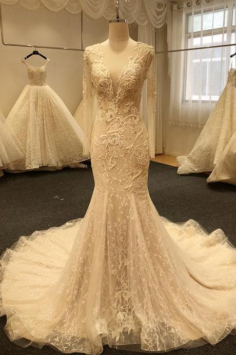 2021 Crystal Beaded Mermaid Wedding Dresses Long sleeves Pearl Button Bridal dress boho 