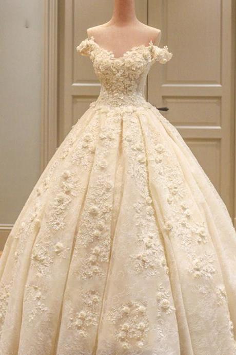 Custom Made Off The Shoulder Short Sleeve Beading Appliques Lace Flowers Princess Ball Gown Wedding Dresses Plus Size
