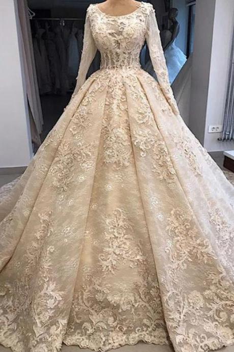 onlybridals Long Sleeve Lace Appliques Retro Ball Gown Wedding Dresses