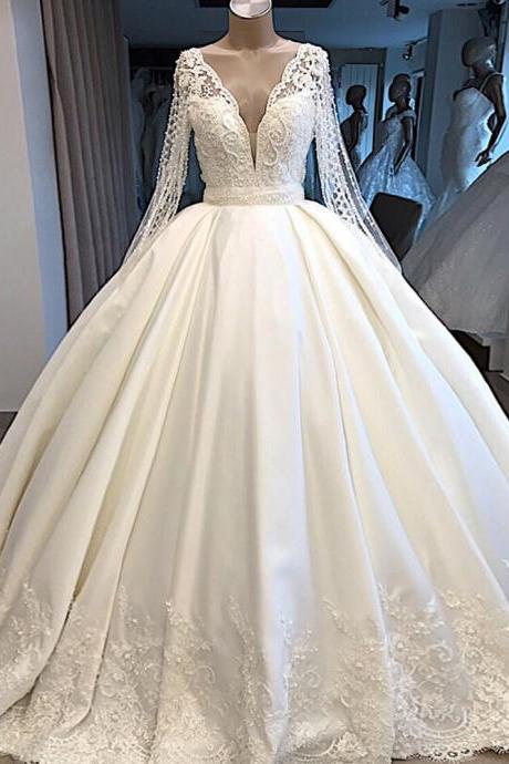 A Line Wedding Dress Ivory Satin Skirt Full Sleeve Bling Bling Plearls Bridal Dress
