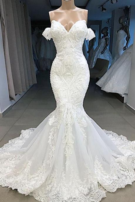 Mermaid Wedding Dress Luxury Plears Off The Shoulder With Bling Bling Plearls Sleeveless Bridal Dress