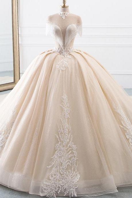 High Neck Ball Gown Wedding Dresses Princess Tulle Hochzeitskleid Tassel Sleeves Abiti da Sposa Sparkly Robe Mariee
