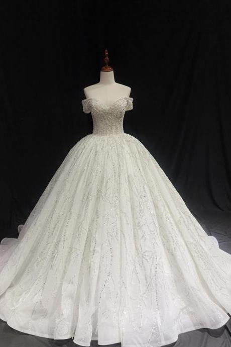 ivory crystal beaded sparkling off the shoulder royal ballgown princess wedding dress with V neck