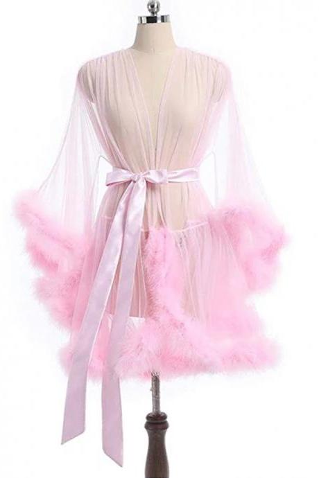 Short Blush Pink Marabou Fur Edge Robe
