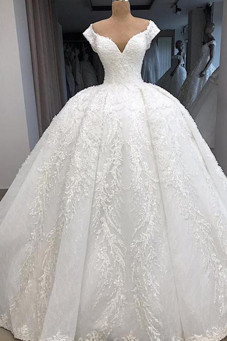 2021 Arabic Dubai Plus Size Princess Ball Gown Wedding Dresses V Neck Lace Applique Sweep Train robe abito da sposa vestido de novia