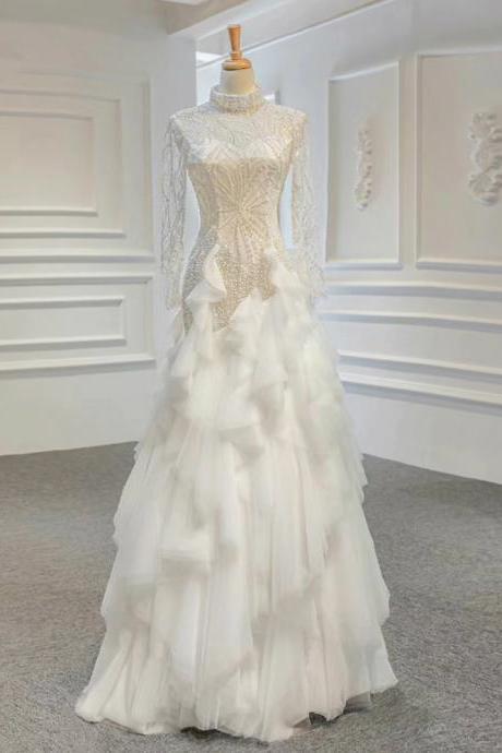 White Sheath Tulle High Neck Long Sleeve Beading Wedding Dress