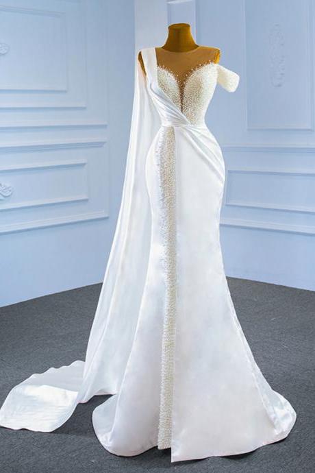 Sexy White Mermaid Satin Pearls Wedding Dress