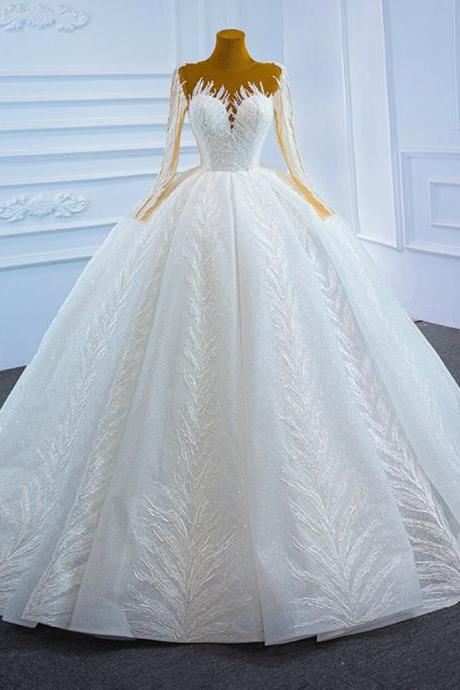 Luxury White Tulle Sequins Long Sleeve Wedding Dress