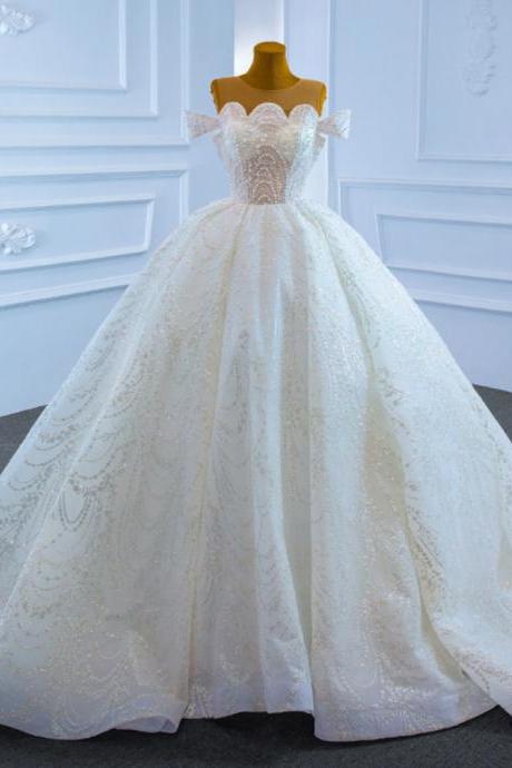White Ball Gown Tulle Sequins Scoop Pearls Wedding Dress