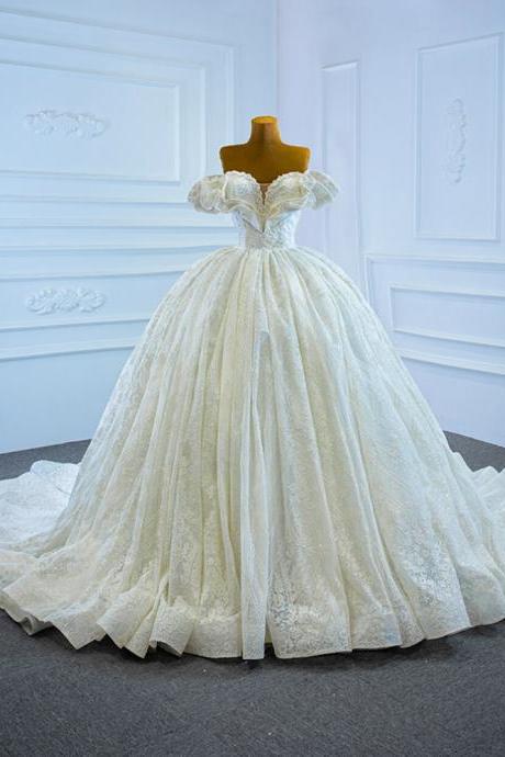 White Ball Gown Sequins Off the Shoulder Pearl Wedding Dress