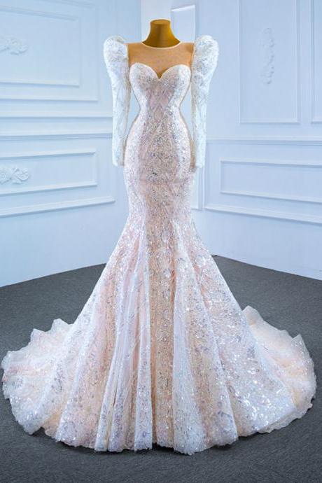 Champagne Mermaid Sequins Long Sleeve Wedding Dress