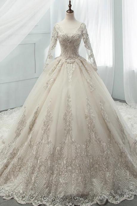Light Champagne Tulle Appliques Long Sleeve Backless Beading Wedding Dress