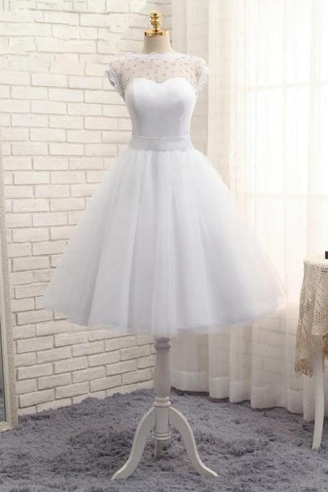 Neck Tulle Knee Length Wedding Dress 2021 Romantic White Beach Wedding Gowns Drop Shipping