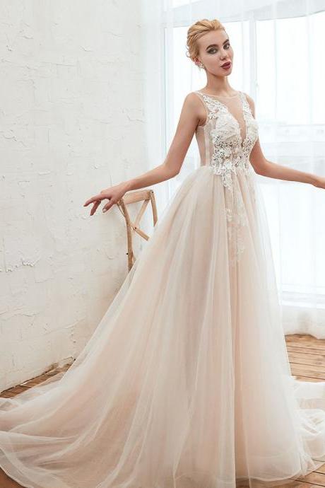 neck Champange Wedding Dress with Chapel Train | Sleeveless Summer Bridal Gowns Online