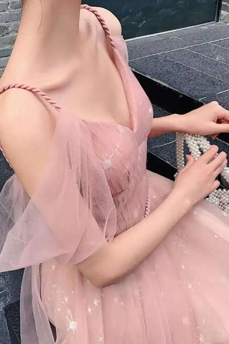 A-Line Blush Pink Tulle Long Party Dress