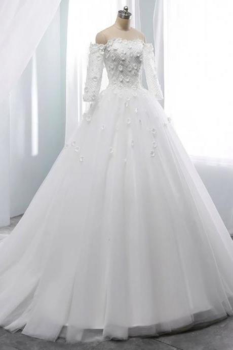 A-line wedding dress full sleeves flower vestido de noiva elegant boat neck marriage dress