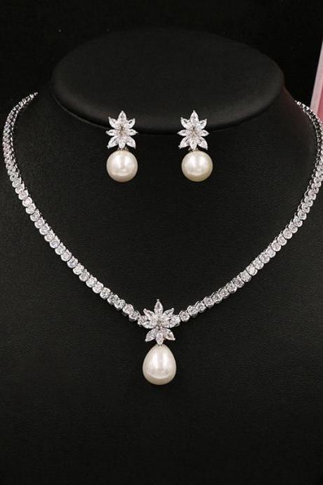 Exquisite Diamond Pearl Jewelry Bridal Wedding Jewelry Earrings Necklace Set Accessories