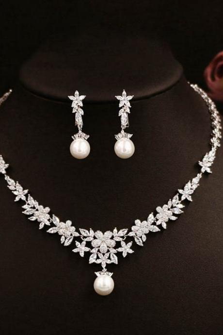 Chic flower super fairy pearl crystal earring necklace bridal jewelry 2021 wedding accessories