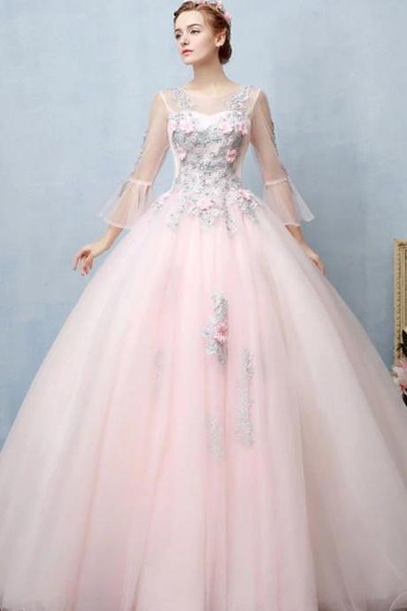 Blush Pink Floral Lace Prom Formal Evening Dress