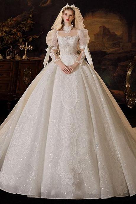Retro Medieval Ivory Wedding Dresses 2021 Ball Gown Scoop Neck Beading Pearl Sequins Lace Flower 3/4 Sleeve Bow Backless Royal Train Wedding