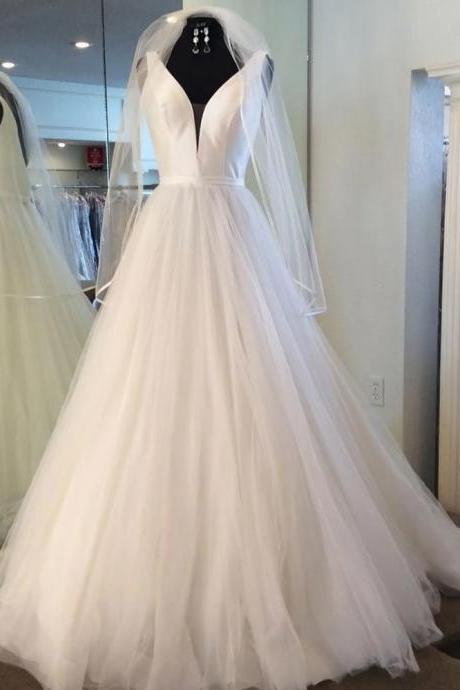 White Tulle Satin V Neck Long Wedding Dress Spring Prom Dress With Veil