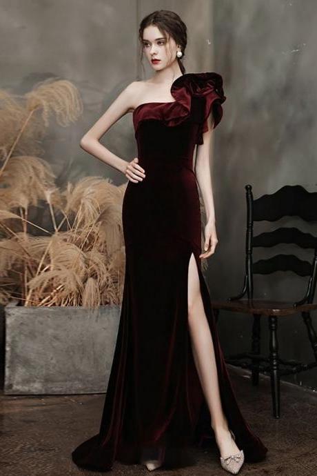 High-end Burgundy Velour Evening Dresses