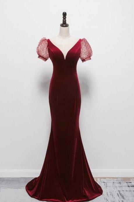 Sexy Burgundy Velour See-through Evening Dresses