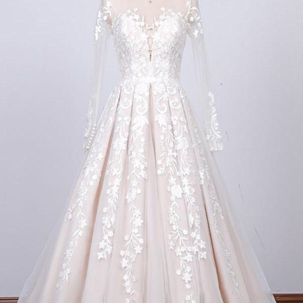 A Line Jewel Open Back Appliques Chiffon Wedding Dresses LBQW0177