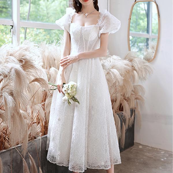 White Off-Shoulder Lace Short Bridal Wedding Dress
