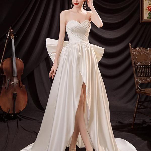 White Off Shoulder Satin Long Bridal Wedding Dress