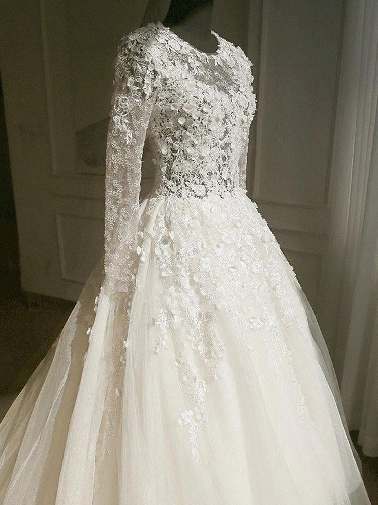 Lace Wedding Dresses Scoop A-line Brush Train Long Sleeve Luxury Bridal ...