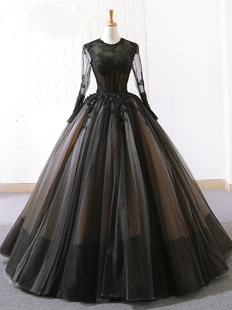 Black Tulle Lace Long Sleeve Floor Length Wedding Dress on Luulla