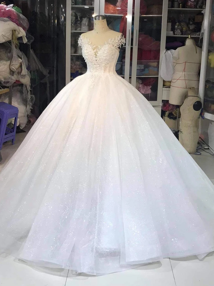 2021 Luxury Sequin Wedding Dress White Backless Wedding Dress on Luulla